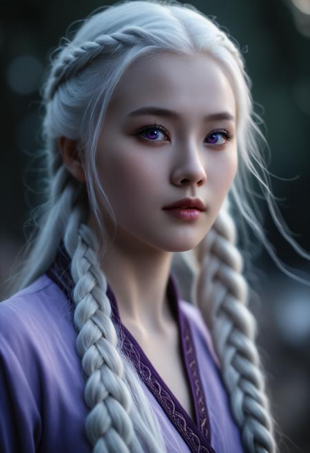 cinematic film still Tilt-shift photo of  <lora:Abstract Concept-Chaos:0.1>, . , .Selective focus, highly detailed, vibrant, perspective control,, <lora:Waifu Style-Du Qiong-000008:0.25>,Du Qiong,, 1girl,long silver-white hair pale as moonlight,Targaryen lineage,hair is worn in intricate braids,large violet eyes noted for their intensity and otherworldly quality,pale smooth skin with a creamy complexion with an almost luminous quality,striking beauty,slim and petite build, . shallow depth of field, vignette, highly detailed, high budget, bokeh, cinemascope, moody, epic, gorgeous, film grain, grainy