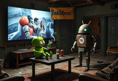 "In a grimy, dilapidated Florida crackhouse, a cartoonish green apple with exaggerated eyes and twisted limbs faces off against the iconic Android logo robot. The apple, seated on a stained coffee table, clutches a meth glass pipe, from which acrid smoke billows, filling the dank air.
The massive OLED TV mounted on the wall casts a harsh, flickering light, illuminating the disturbing scene. The TV plays an unnervingly vivid Apple commercial, its bright visuals creating sharp, unsettling shadows. The room’s walls are covered in grime and graffiti, with peeling wallpaper and broken fixtures. The floor is littered with trash, broken furniture, and empty cans.
The Android robot, with a rusted, dented exterior and malfunctioning eyes, stands in a defensive stance with twitching antennae. Above the TV, a warped cardboard sign with 'Think Different!' hangs crookedly. The sign’s jagged lettering is backlit by flickering LEDs, casting eerie shadows on the peeling walls.
The air is thick with mildew, decay, and the sharp smell of meth smoke. The green apple’s glossy skin and the Android’s grimy, rusted body are harshly illuminated by the flickering light, intensifying the bizarre and unsettling confrontation in this derelict, drug-ridden setting."