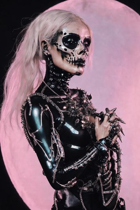 a woman in a skeleton costume, future techwear, metal album cover art, cyborg, goth girl aesthetic, transparent skin, snake texture, temple, pastel goth aesthetic, 2029, skin spikes