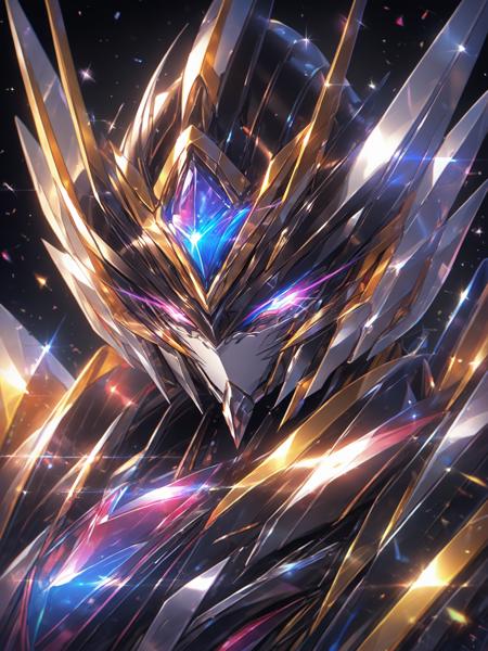 best aesthetic, lolsplashart,nijimecha, solo, v-fin, looking at viewer, portrait, glowing, glowing eyes, close-up, black background, upper body, head tilt, super robot, embers, shiny, sparkle
