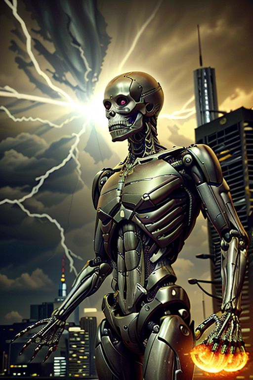 a (BORG (giant war robot with cobalt muscles, color wires and transparent panels)) BREAK
wearing a (cybernetic skeleton) with sharp spikes, combat pose BREAK
rampaging in a (large city), destroyed buildings and explosions, piles of rubble on fire BREAK
in a (storm night with thunders in the distance) BREAK
photo realistic, 24mm, dolly zoom, dutch angle, cinematic look, lens flare, sharp focus, intrincate details, volumetric light