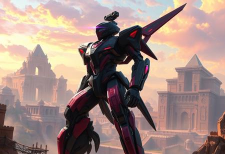 An epic concept art digital painting, influenced by the meticulous detail of Greg Rutkowski and the dramatic flair of Gaston Bussiere, depicting the Sari of the Silverwing Axe robot. It stands in a dynamic action pose before the sprawling, ancient architecture of a Triamid Fortress, under a sky of harmonious, multi-colored hues. The robot, rendered with stunning colors – a predominantly black body adorned with vibrant red and purple accents on its chassis, arms, and legs – showcases a black and red head with a piercing purple visor, a camera mounted atop, gazing out with intentional focus. Every element is handcrafted with precision, with sharp lines and bold brush strokes that give it a sense of immense strength and resilience, as if a legendary artifact despite being a toy, radiating a powerful message of meritocracy. This intricately detailed masterpiece, trending on Artstation and CGSociety, presents an impeccable composition from a creative angle, imbued with a grim yet sparkling atmosphere and captivating lighting, achieving contemporary aesthetics with a very detailed, vibrant color palette, reflecting the essence of 35 documentaries on heroism.