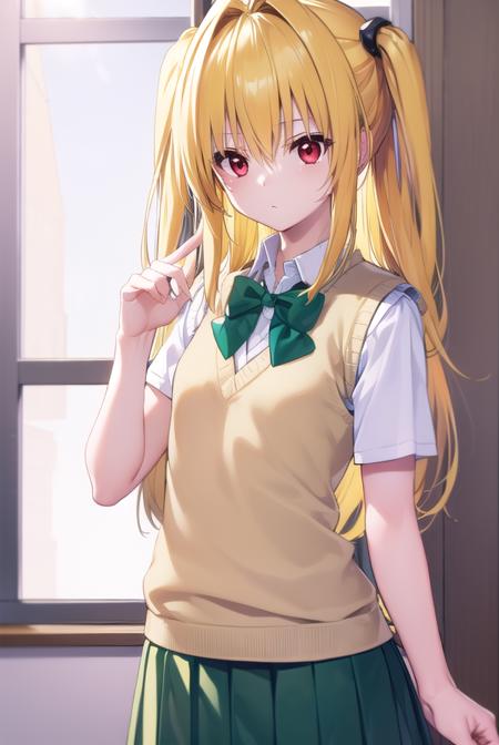 toloveruyami, <lyco:toloveruyami-lyco-nochekaiser:1>, 
yami, (yellow hair:1.5), long hair, (red eyes:1.5), (hair ornament:1.2), two side up, (small chest:1.2), 
BREAK school uniform, shirt, white shirt, bow, (green bow:1.5), skirt, (green skirt:1.2), pleated skirt, short skirt, sweater, (light brown sweater vest:1.5), short sleeves,
BREAK indoors, classroom,
BREAK looking at viewer, (cowboy shot:1.5),
BREAK <lyco:GoodHands-beta2:1>, (masterpiece:1.2), best quality, high resolution, unity 8k wallpaper, (illustration:0.8), (beautiful detailed eyes:1.6), extremely detailed face, perfect lighting, extremely detailed CG, (perfect hands, perfect anatomy),