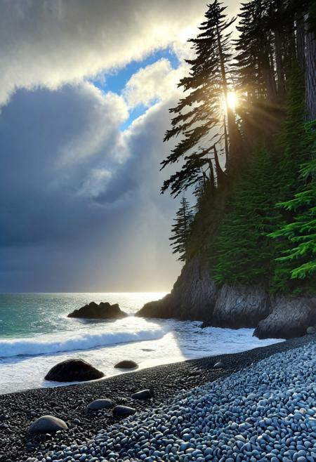 a photograph of a beach on the Pacific northwest coast, rocky pebble beach, a large looming evergreen cedar Forrest looming, the ocean is vibrant and crashing, deep vivid blues and greens, the sky is grey and clouds are heavy the sun is radiating however cutting through a break in the thick looming storm clouds, epic, realism, photo-realism, highest quailty, highest detail, professional, landscape, nature