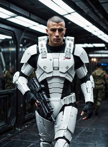 handsome,male,Lebanese,Mexican,buzz cut,27 years old,(muscular:0.5),indoors,running,white sci-fi battle armor,desolate spaceship,Nostromo,futuristic pulse rifle,military,science fiction,realistic photograph,cinematic_lighting,night,