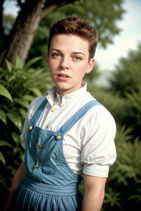 GS-Boyish (GS-Masculine:0.4) wizard of oz Judy Garland as butch tomboy short hair Dorothy, color photo (masterpiece:1.2) (photorealistic:1.2) (bokeh) (best quality) (detailed skin:1.3) (intricate details) (8k) (HDR) (analog film) (canon d5) (cinematic lighting) (sharp focus) <lora:Dorothy:0.4>