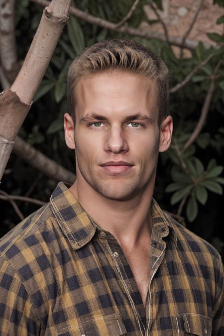 RAW Photo, photo of man matthew_rush posing in plaid shirt with blond hair Park Gell, <lora:matthew_rush-03:1>, brightly lit, natural lit, detailed