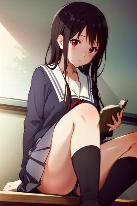 masterpiece, best quality, highres, mitsuki1, kyoto animation, 1girl, solo, long hair, school uniform, black hair, red eyes, pleated skirt, black socks, bangs, kneehighs, sailor collar, long sleeves, ribbon, <lora:nase_mitsuki_v2:0.7>, classroom, sitting, reading book,