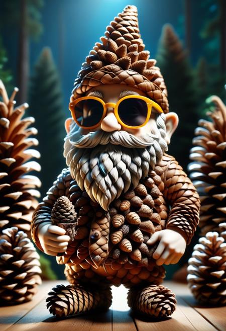 A gnome wearing sunglass's, made out of ral-pinecone, photography, cinematic shot, 4k, high resolution, high detail,