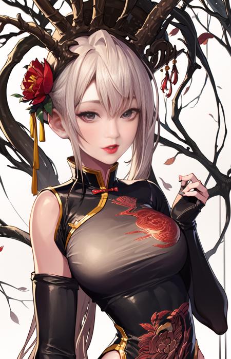 1girl,upper body,fashi-girl,china dress,chinese clothes,hair flower,(masterpiece:1.4),(best quality:1.4),(shiny skin),red lips,looking at viewer,large breasts,parted lips, <lora:DNFfengge:0.8>