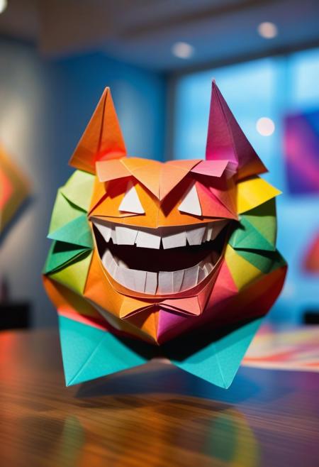 a picture of an origami of a head of a smiling chubby bow with gap tooth made from a single sheet of multicolored gradient paper, the piece is displayed in a museum with many viewers in the background, bokeh