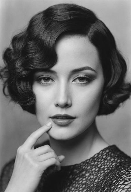 Photograph of a woman from the 1920s, short hair, (finger-weave hairstyle:1.1),posing for a photograph. close-up, black and white, cinematic composition, looking at camera, seductive, soft shadows, grainy,