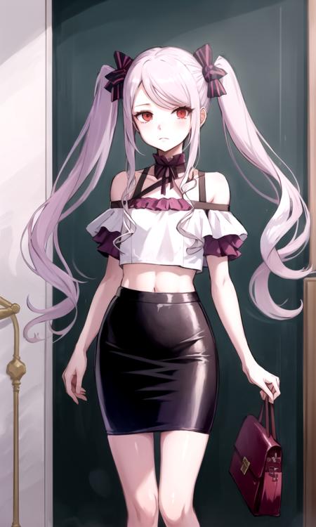 shalltear bloodfallen, (alternate costume:1.2), miniskirt, pencil skirt, revealing clothes, two-tone dress, crop top, 1girl, masterpiece, best quality, twintails, flat chest, <lora:Shalltearnew:1>, full body, closed mouth