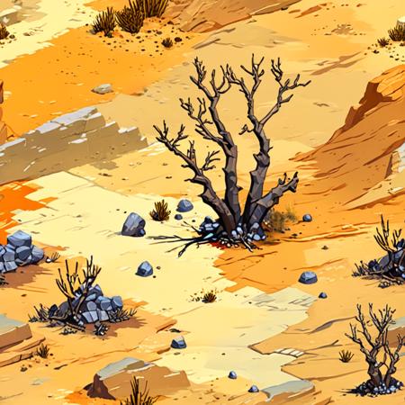 isometric landscape, pixel art, (yellowish:0.5) arid rocky landscape, dead vegetation and tree
 <lora:supgiantisosdxl:1>