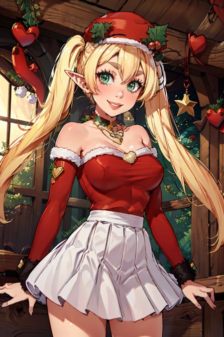 <lora:Puppypaww_Style:0.8>,((masterpiece,best quality)), absurdres, <lora:Klee_Adult_Christmas:0.8>,  Klee_Adult_Christmas, pointy ears, green eyes, santa hat, mistletoe on hat, red shirt, bare shoulders, detached red sleeves, blonde, heart necklace, jewelry, twintails, white skirt, solo, smiling, looking at viewer, cowboy shot,