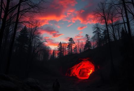 Medieval, D&D, high contrast, real photo, 4k, pre-dawn sky, vibrant colours, a deciduous forest, dark and foreboding, a cave entrance glows red with the fires of hell