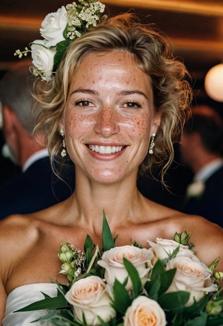 Stunning 35mm photo of a 42 years old Dutch woman, ((an breathtaking wedding dress)), very pretty, fit, skinny, highly detailed face, highly detailed skin, freckles, many freckles on arms and tits, freckles and moles all over body, natural breasts, perfect breasts, hard nipples, Rounded ass, blonde hair, pubic hair, short hair, messy hair, medium hair, brown eyes, highly detailed skin, highly detailed face, in love, happy, detailed pupils, at her wedding party, in a beach club on the Dutch coastline, holding a pretty bouquet of flowers, extremely happy, sunset, you can tell from the expression on her face that she is highly sexually aroused, low light, soft natural light, Rembrandt style light, made with a Hasselblad camera, 35mm, film grain, masterpiece, sharp focus, ((Photorealistic:1))