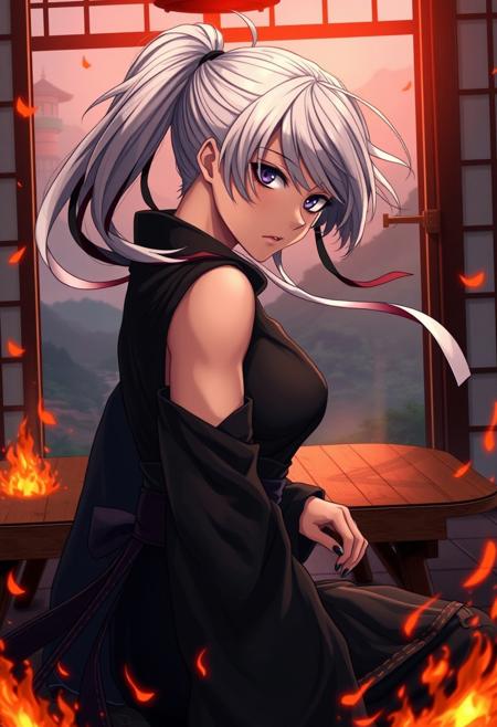 1girl, left side of belt, ninja, vampire, actress, tan, determined, ponytail, short hair, (silver hair:1.2), wind, ribbon, sitting, scenery,ryokan, scenery, table, chair, indoors, window, sliding doors, shadow, tatami, door, realistic, closeup shot, side shotThe color palette is dark, evoking a sense of intimidation and power, Against the backdrop of wilderness and water towers,surrounded by flames