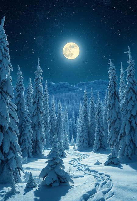 Majestic taiga covered with snow at night, bright stars twinkling in the sky, full moon illuminating the landscape, hyper-detailed, cinematic, serene atmosphere, stunning realism, by Thomas Kinkade and Ansel Adams, 4k resolution, masterpiece digital painting