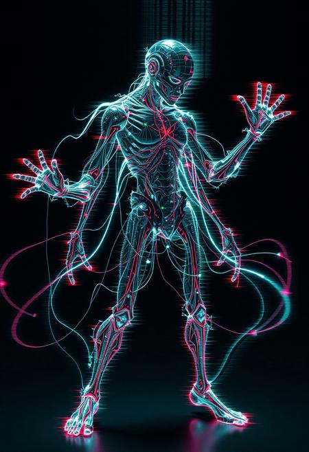 - +++Gl1tch.exe constantly flickers through visual frames like corrupted animation—body parts jitter and twist out of sync. Its limbs vibrate with short bursts of light trails, leaving blurred ghost echoes behind each movement. A disorienting chaos avatar designed to jam perception.