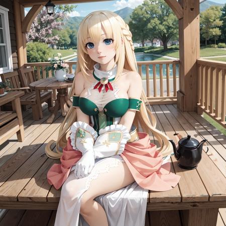 best quality, highly detailed, detailed background, <lora:Vert_NepSer_SD15_15_0:1.0>, VertNormal, VertDress, blonde hair, very long hair, sitting, outside, porch, wooden railing, tea, trees