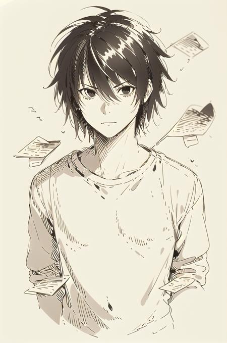 ((masterpiece,best quality, detailed)), 1boy, male focus, (sketch:1.1), paper, monochrome, cropped torso, emotionless, looking at viewer,
l lawliet, white shirt, <lora:oldSketchStyle_v1:1>, <lora:LLawlietV14:1>