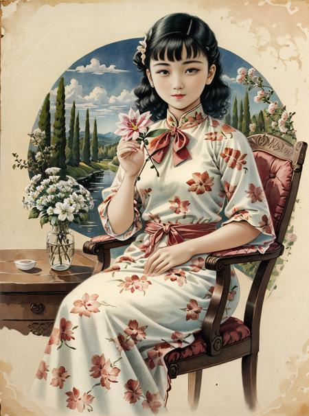 (masterpiece,best quality),vintage poster,
1girl,holding flower, floral print, traditional media, bangs, sitting, chair, looking at viewer, (beautiful detailed face), (beautiful detailed eyes), <lora:rugu_v3:1>