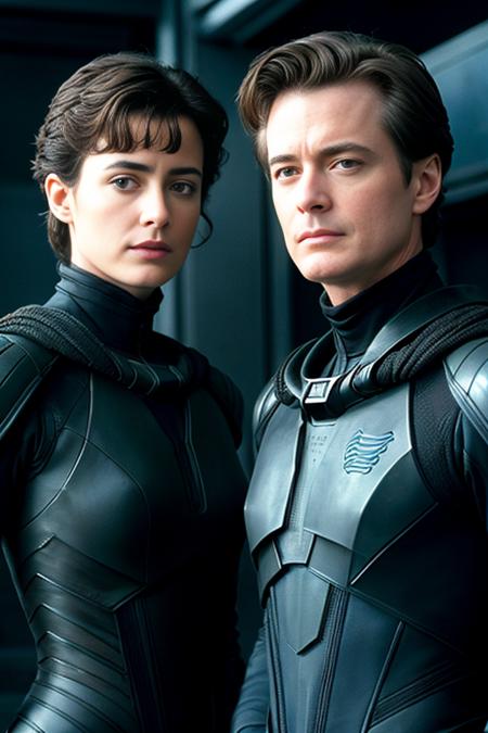 close up, portrait photo of paul atreides [kyle maclachlan | timothy chalamet] and chani [sean young | zendaya] from the Dune franchise, wearing stillsuits, in the style of the david lynch movie from 1984