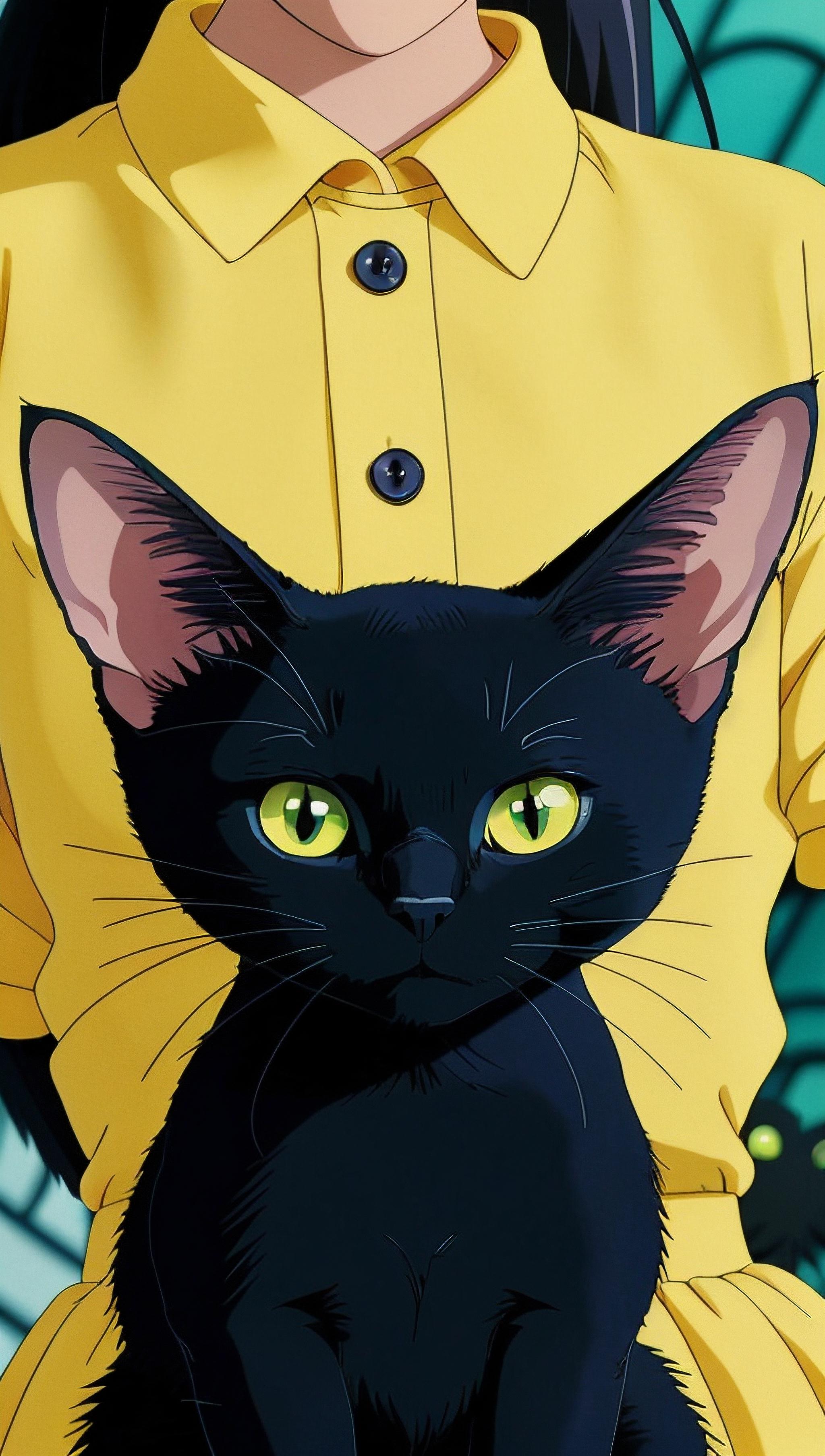 anime artwork a close up of a black cat wearing a yellow shirt, of a cat, aesthetic cat, black cat in a yellow dress, big eyes, black cat, a black cat <lora:ghibli_style_offset:0.8> ghibli style . anime style, key visual, vibrant, studio anime,  highly detailed