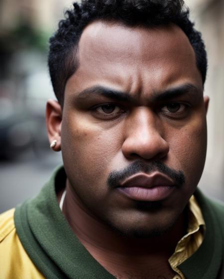raw photo of, male, 27 years old, male, black skin, frontal view, upper body part, shoulders, afro hair, fine nose, black hair, clear eyes, unpleasant expression, fat, obese, asymmetric face, dirty clothes, gangster, criminal, dark dark street background, subsurface, Photorealistic, Hyperrealistic, Hidden, analog style, Detailed picture, Blur picture, Soft lighting, Subsurface, realistic, heavy shadow, masterpiece, best quality, ultra realistic, 8k, gold proportion, Intrigued, high detail, film photography, soft focus