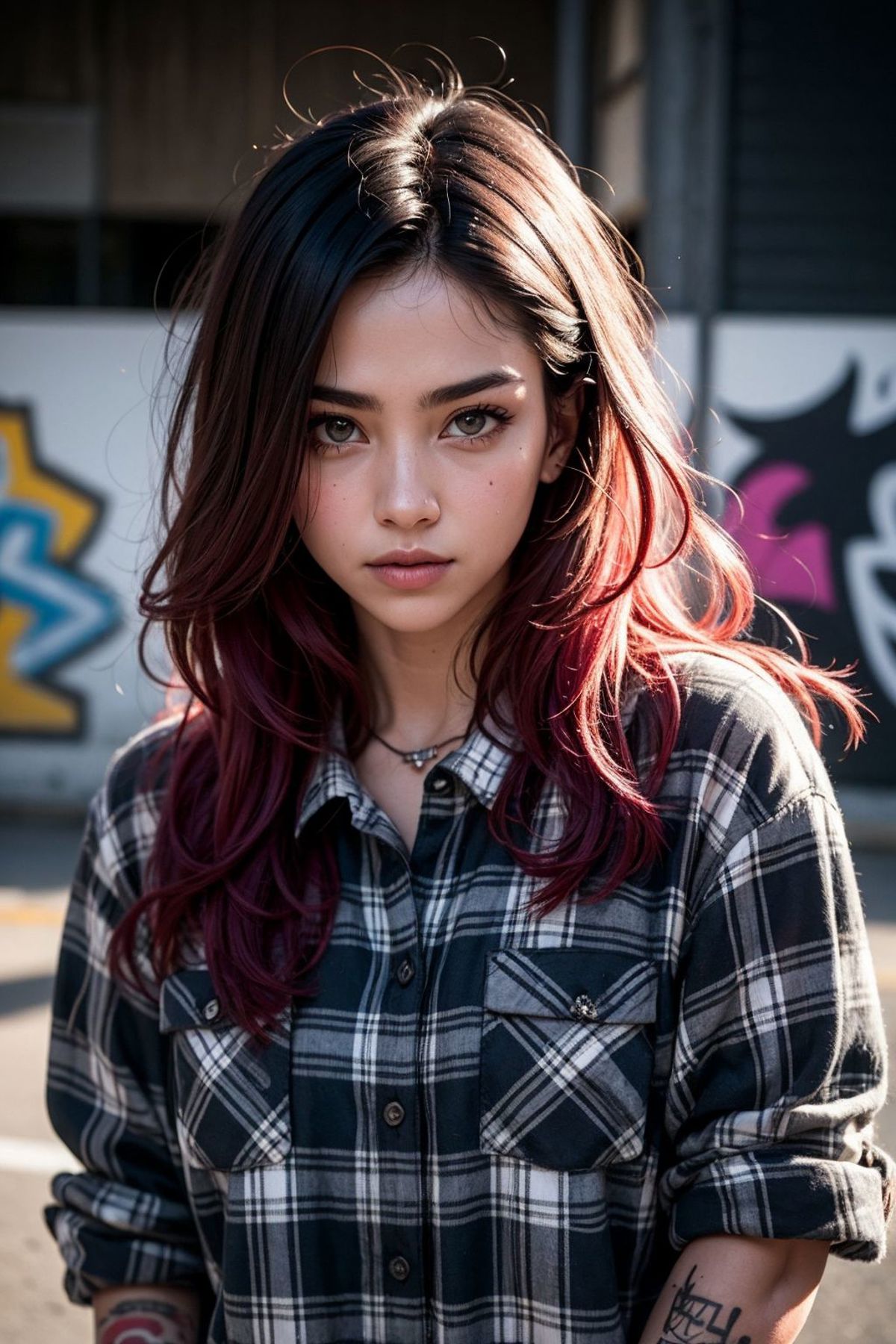 A young woman with red hair wearing a black and white plaid shirt.