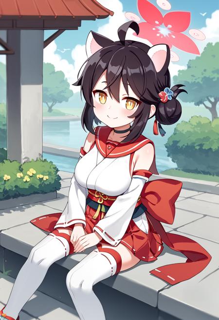 kaede-default,   kaede \(blue archive\),yellow eyes,black hair,ahoge,animal ears,halo,japanese clothes, detached sleeves,red skirt,thighhighs,sandals