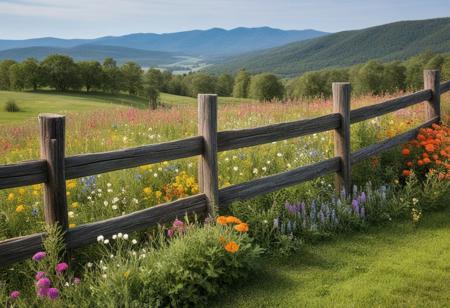 "A rustic wooden fence with a weathered finish, surrounded by colorful wildflowers, set against a backdrop of a serene countryside landscape."