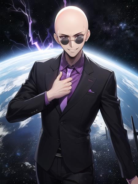 best quality, masterpiece, highres, detailed, perfect anatomy,  <lora:Detail - add_detail:0.2>,  <lora:Character - MasanoriV:0.8>, suit, jacket, necktie, purple necktie, sunglasses, graveyard, evil smile, bald, space, darkness, purple glowing energy,