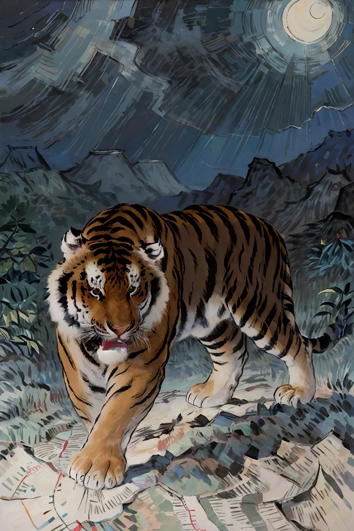 A large tiger walking on a rocky path in a jungle.