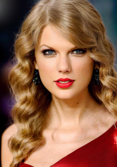 taylor swift (sharp focus:1.2), photo, attractive young woman, (beautiful face:1.1), detailed eyes, luscious lips, (eye makeup:1.2), body freckles, (medium breasts:1.0), (tight body:1.2), (dark hair:1.2), wearing (slitdress:1.2) in (red carpet event:1.2). (moody lighting:1.2), depth of field, bokeh, 4K, HDR. by (James C. Christensen:1.2|Jeremy Lipking:1.1).