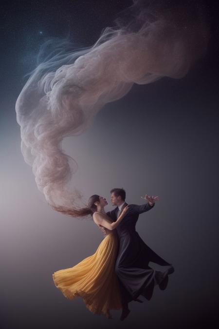 surreal, waltz of fractal smoke over the abyss, fantasy smoke, dresses and stars, dynamics, movement, wind, colorful, intricate details, perspective, hyper-detailed, hyper-realism, professional photoshoot