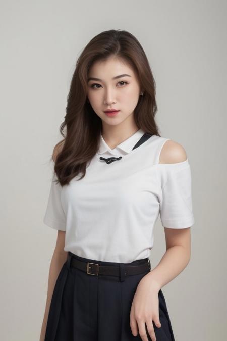 (beautiful polynesian woman, mixed korean, mixed japanese, korean idol,ulzzang-6500-v1.1), natural light, soft light, besth lighting, high resolution, 8k, (best quality, masterpiece:1.2), photorealistic, ultra high res, hoodie, belt, pointing, stage lights, short sleeves, bare shoulders, night, school uniform, buttons