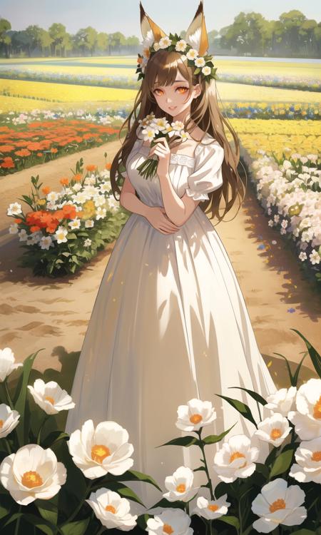 a woman standing in a flower field, white dress, brown hair, fox ears, amber eyes, parted lips, light smile