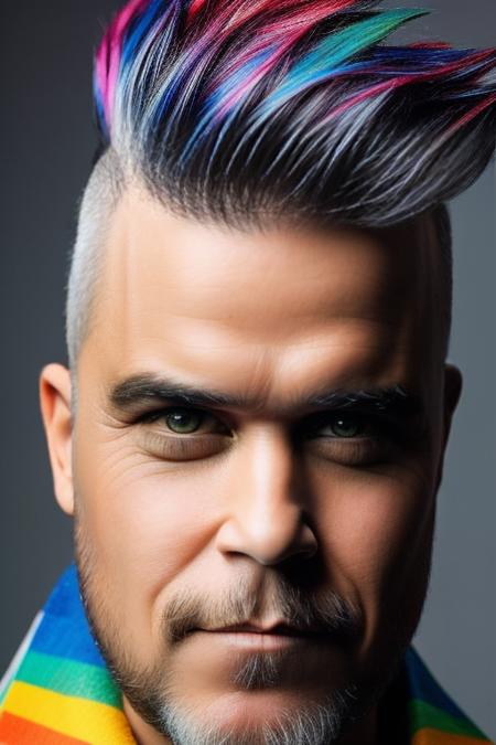 analog style, modelshoot style, portrait photo of sks man with beard, bold, bright colours, rainbow Mohawk haircut, <lyco:locon_perfecteyes_v1_from_v1_64_32:0.85> <lora:robbie:1>