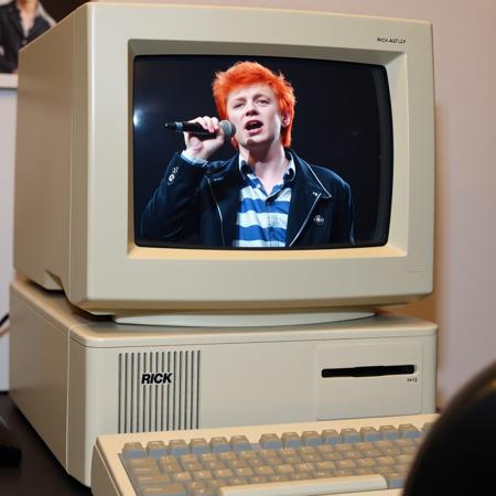 photo of a personal computer from the late 1990s,  rick rolled, a picture of rick astley singing is showing on the CRT monitor, rick is a red head man wearing blue and white stripe shirt under a black jacket