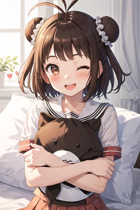 best quality, masterpiece, highres, solo, {naka_kantaicollection:1.15}, double_bun, hair_bun, brown_hair, short_hair, antenna_hair, brown_eyes, smile, serafuku, open_mouth, one_eye_closed, 1girl, blush, looking_at_viewer, heart, upper_body, object_hug, pillow, pillow_hug