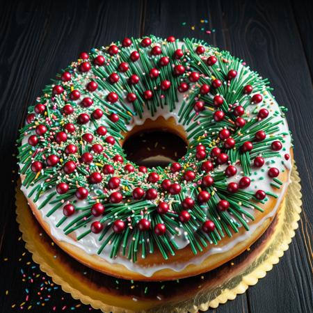 donut made of pines and needles, pines donut, surreal, glistening, glow, covered in frosting and sprinkles, masterpiece, amazing quality, best quality, ultra-detailed, 8K, amazing quality, vivid colors, highly detailed, highly-detailed, best quality, masterpiece, very aesthetic, detailed, shiny, glow, dark background,
