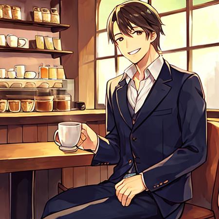 a realistic photograph of a man sitting at a coffee shop with a smile on his face