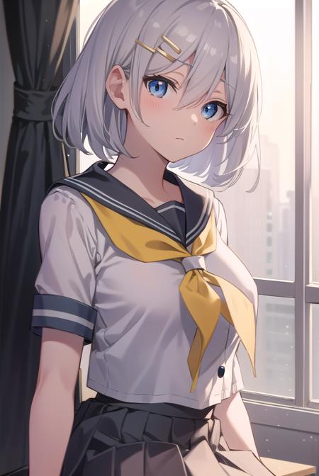 hamakaze, <lora:hamakaze-lora-nochekaiser:1>, 
hamakaze, blue eyes, grey hair, hair ornament, hair over one eye, hairclip, short hair, short hair,
BREAK black pantyhose, buttons, gloves, grey sailor collar, grey skirt, hairclip, neckerchief, pantyhose, pleated skirt, sailor collar, school uniform, serafuku, skirt, white gloves, yellow neckerchief,
BREAK looking at viewer,
BREAK indoors, classroom,
BREAK <lyco:GoodHands-beta2:1>, (masterpiece:1.2), best quality, high resolution, unity 8k wallpaper, (illustration:0.8), (beautiful detailed eyes:1.6), extremely detailed face, perfect lighting, extremely detailed CG, (perfect hands, perfect anatomy),