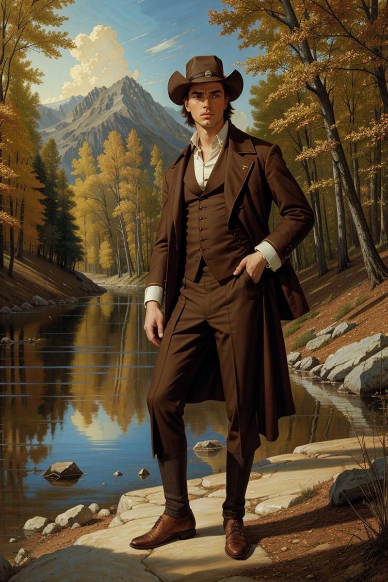A man in a suit and hat standing by a river.