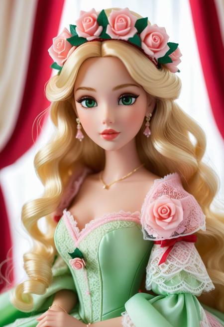 masterpiece, best quality, 8k, Sexy princess, (doll face highly detailed:1.05), green eyes, cute mouth, cute face, shy face, (thick blonde wavy hair until waist:1.10), (light pink lace dress highly detailed), (sitting on a canopy bed with red roses highly detailed:1.10), ancient_theme princess_theme (soft and pastel colors:1.10), cowboy shot