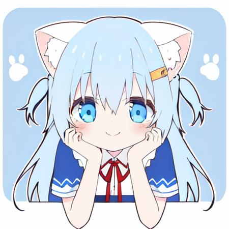 <lora:super-jiamiaoersanshi-v1:1>,nekobohe, blue eyes, animal ears, smile, cat ears, solo, blue hair, hair ornament, long hair, looking at viewer, two side up, virtual youtuber, blush, ribbon, bangs, animal ear fluff, shirt, head rest, short sleeves, hairclip