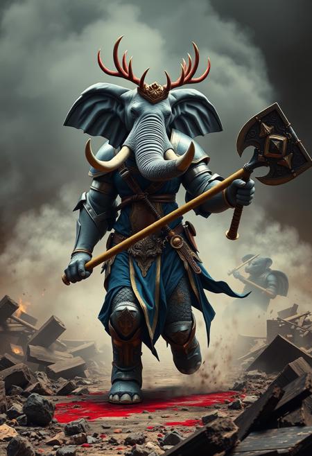 hyperrealistic, anthropomorphized elephant/human female (with female human body, elephant head with human features), grey skin, bald, large tusks, large elephant trunk, 
knight, blue and gold full armor, long pelvic curtain, muscular thighs, holding a midevil war-hammer, knight, crown of red antlers,
charging into battle, fighting, hero pose, surrounded by smoke, surrounded by blood, blood splattered on floor, midevil battlefield, burning rubble, 
cinematic composition and lighting. Masterpiece. 8k. Very detailed.