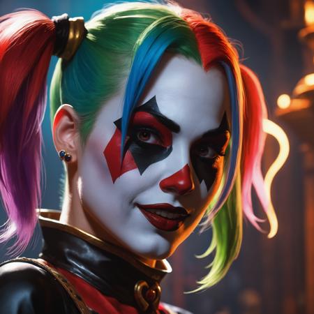 award winning digital art by gerald brom, style of elden ring, close up, harley quinn, chroma, colorful, vibrant, gleaming, rim lighting, volumetric, 8k resolution, trending on art station